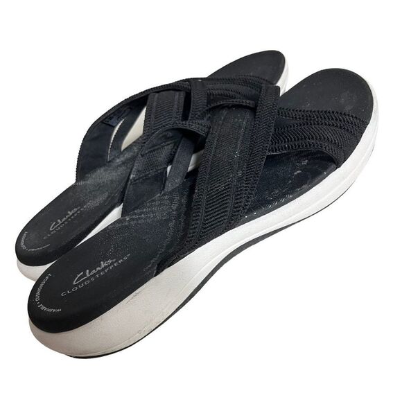 CLARKS Sandals Mira Isle Slide Black White Cloudsteppers Textile Upper Size 10 - Picture 6 of 9